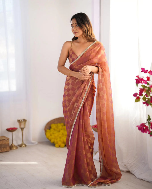 Orange Chiffon Chex Designer Saree