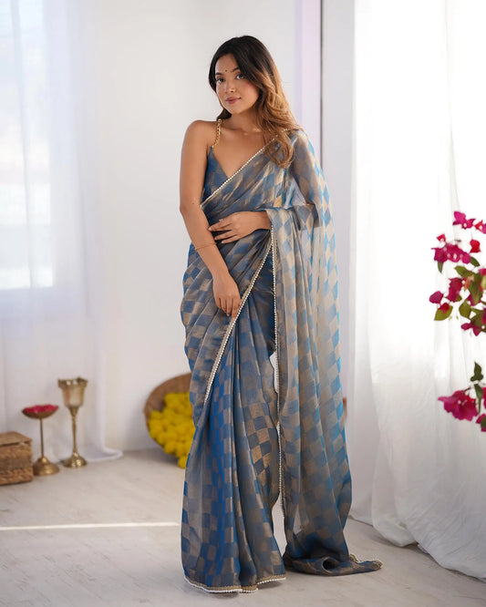 Grey Chiffon Chex Designer Saree