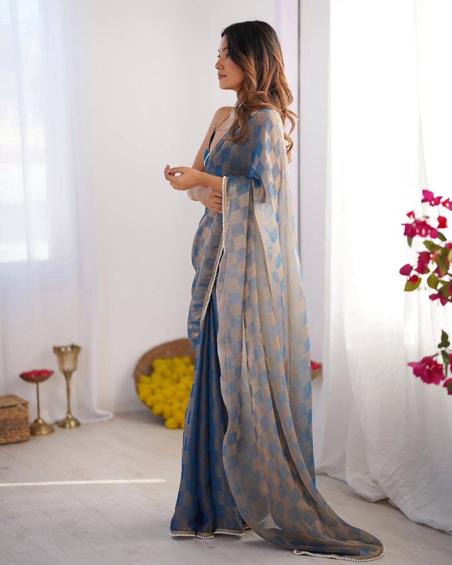 Grey Chiffon Chex Designer Saree