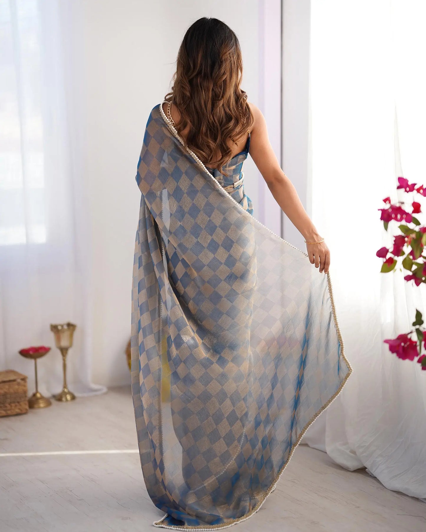 Grey Chiffon Chex Designer Saree
