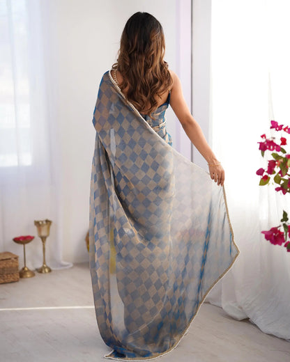 Grey Chiffon Chex Designer Saree