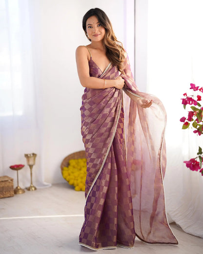 Gold Wine Chiffon Chex Designer Saree