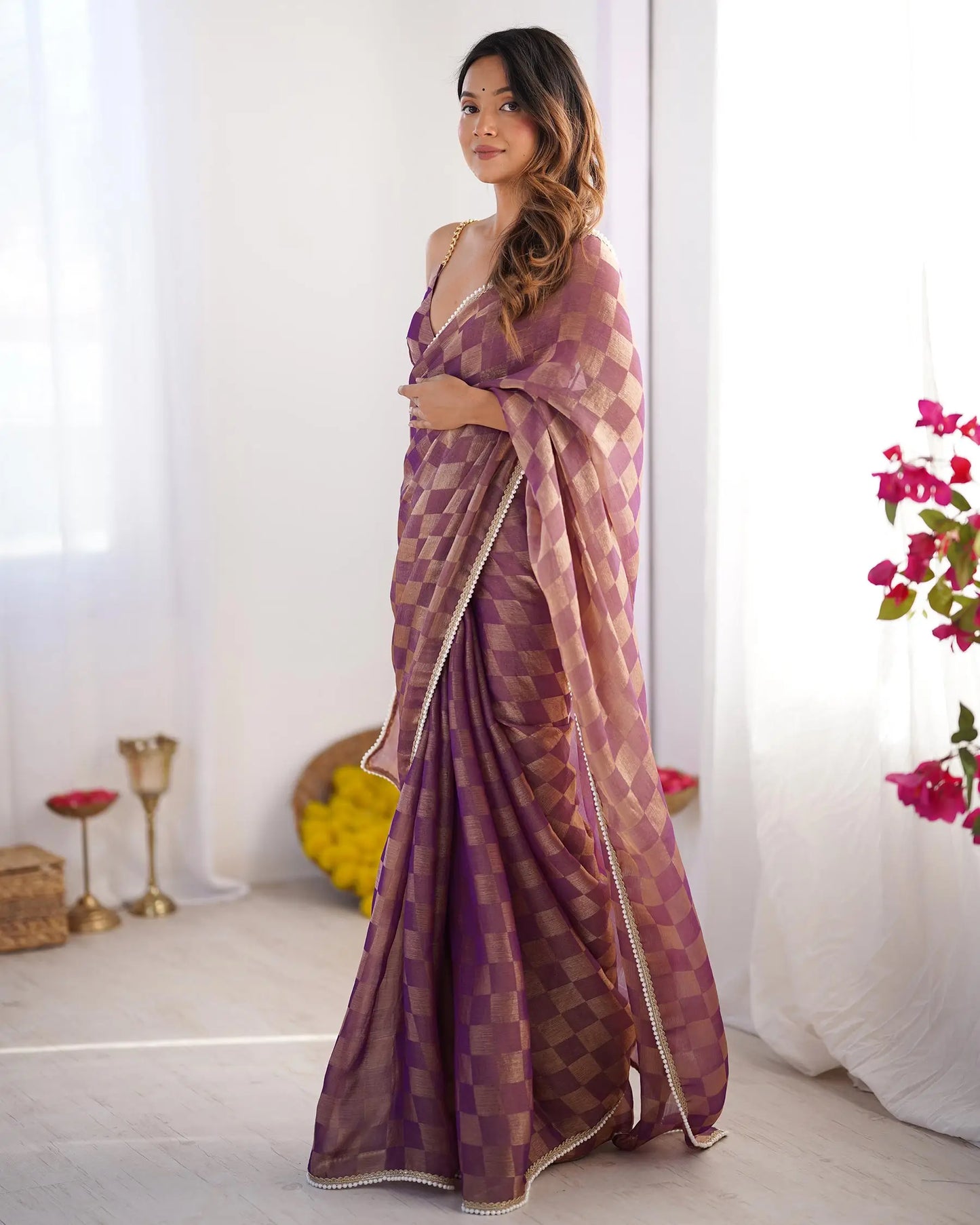 Gold Wine Chiffon Chex Designer Saree
