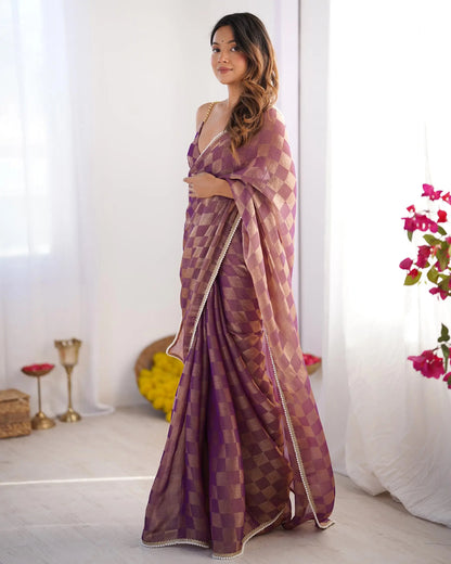 Gold Wine Chiffon Chex Designer Saree