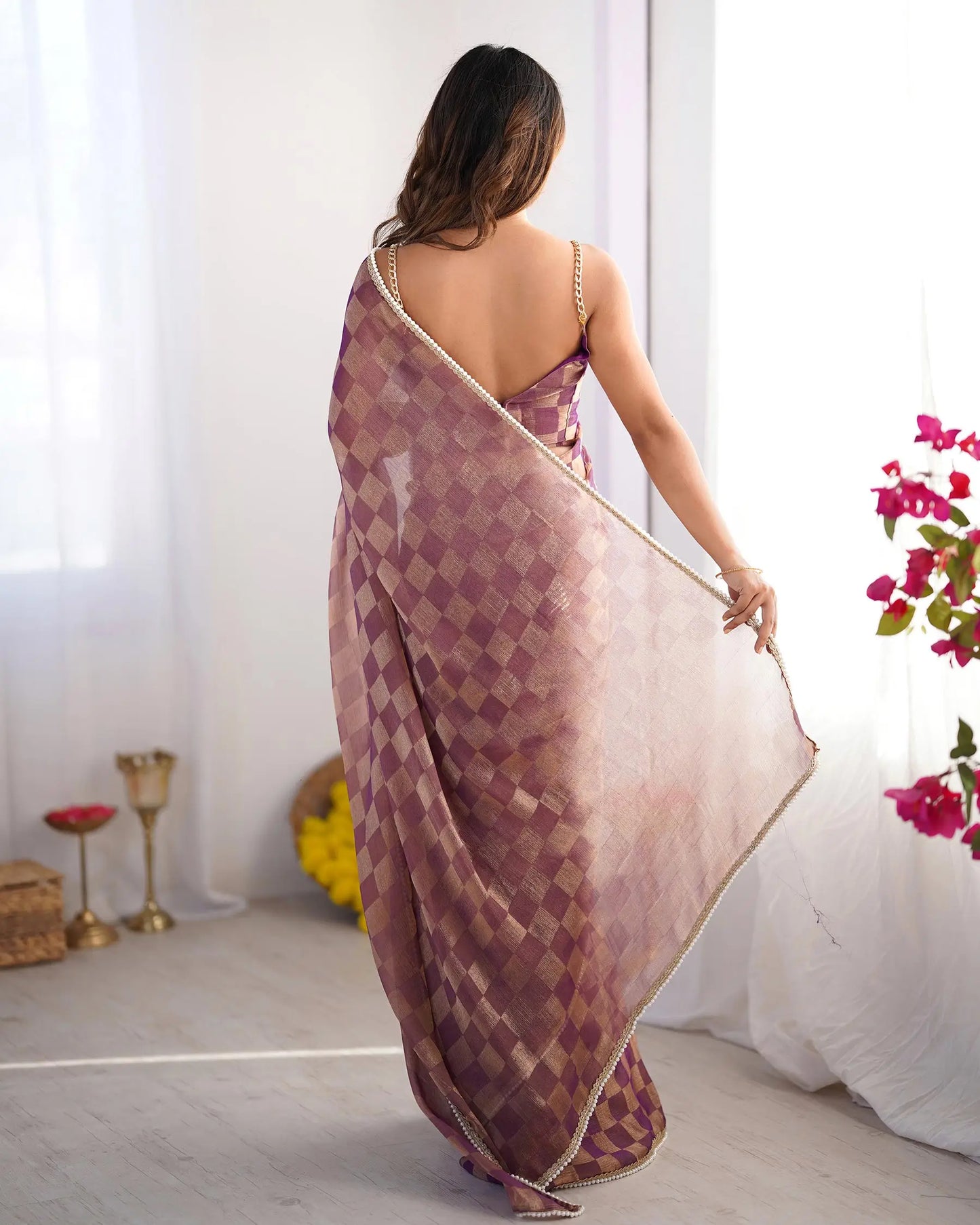 Gold Wine Chiffon Chex Designer Saree