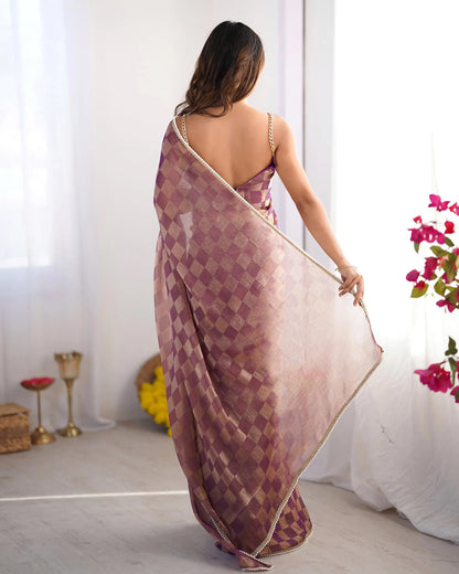 Gold Wine Chiffon Chex Designer Saree