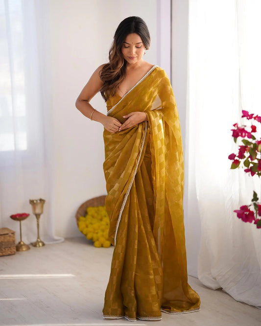 Mustard Yellow Chiffon Chex Designer Saree