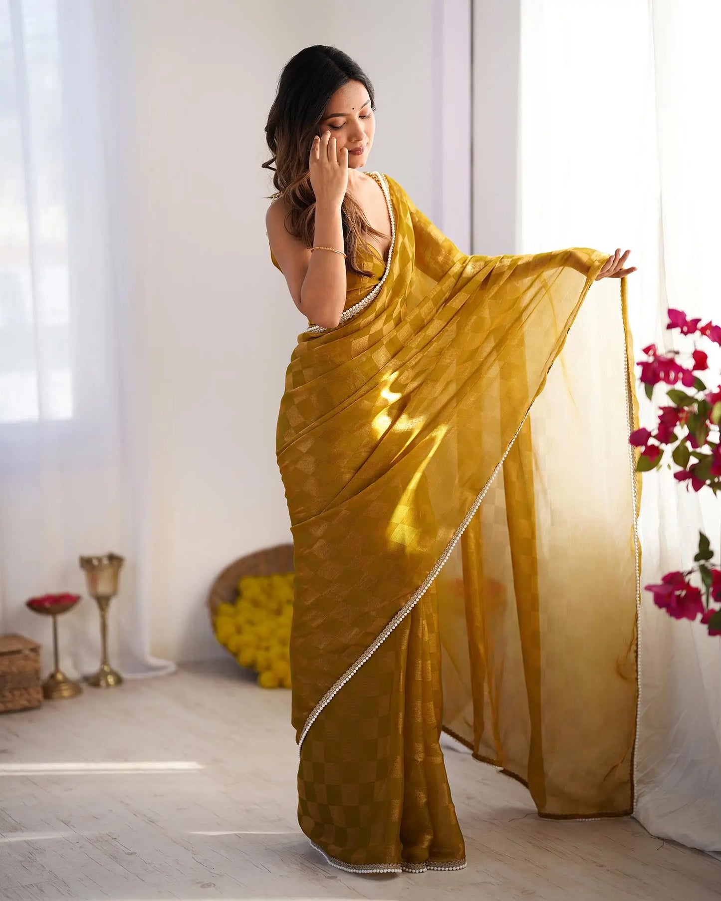 Mustard Yellow Chiffon Chex Designer Saree