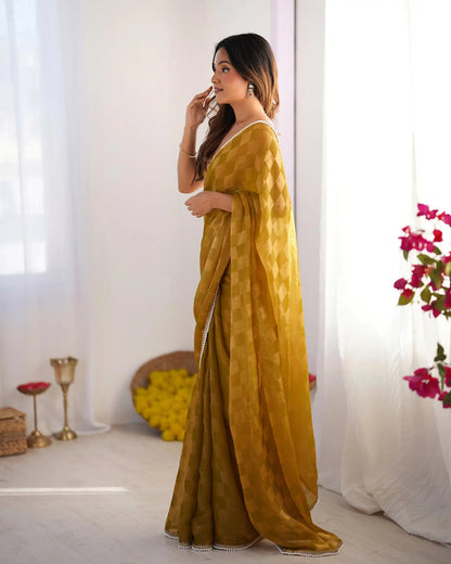 Mustard Yellow Chiffon Chex Designer Saree