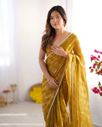 Mustard Yellow Chiffon Chex Designer Saree