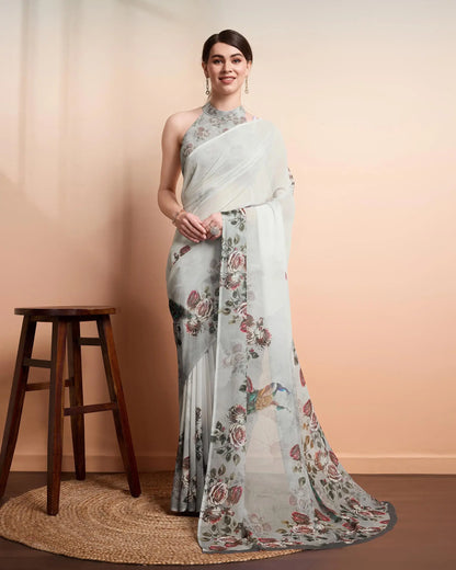 Dusky Green Designer Printed Saree