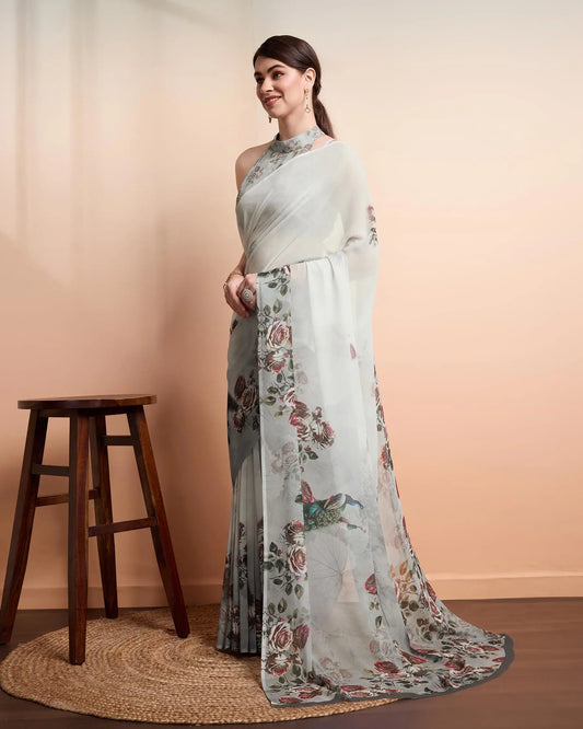 Dusky Green Designer Printed Saree