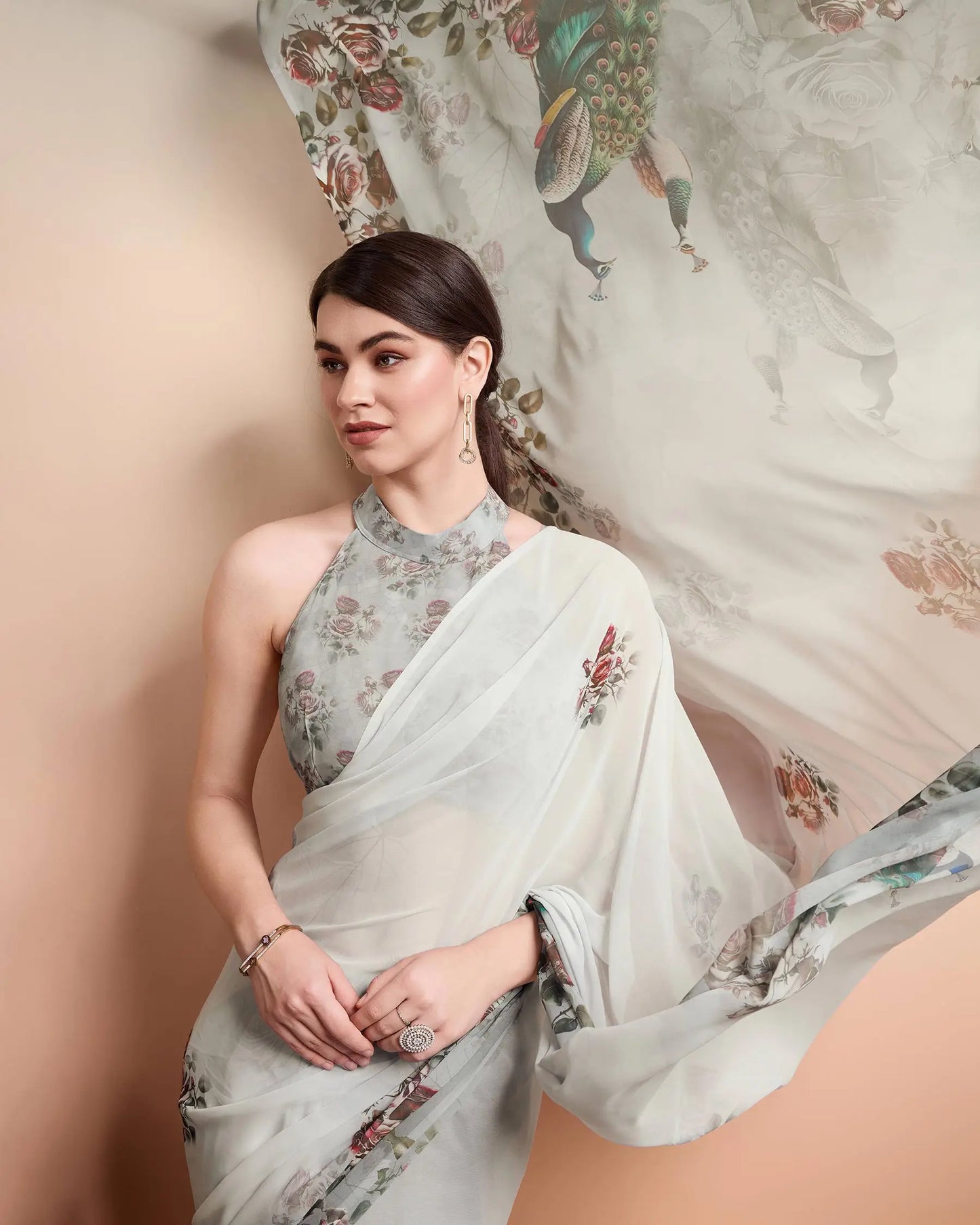 Dusky Green Designer Printed Saree