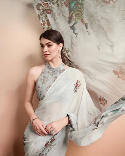 Dusky Green Designer Printed Saree