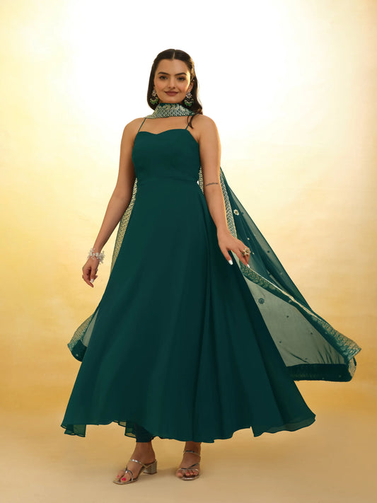 Green Georgette Gown With Embroidery Work Dupatta