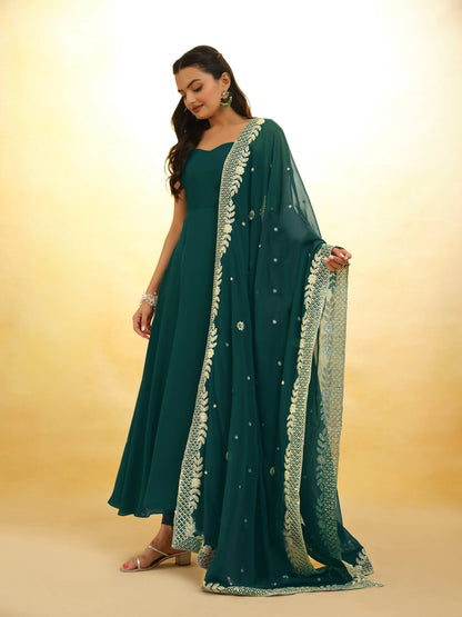 Green Georgette Gown With Embroidery Work Dupatta