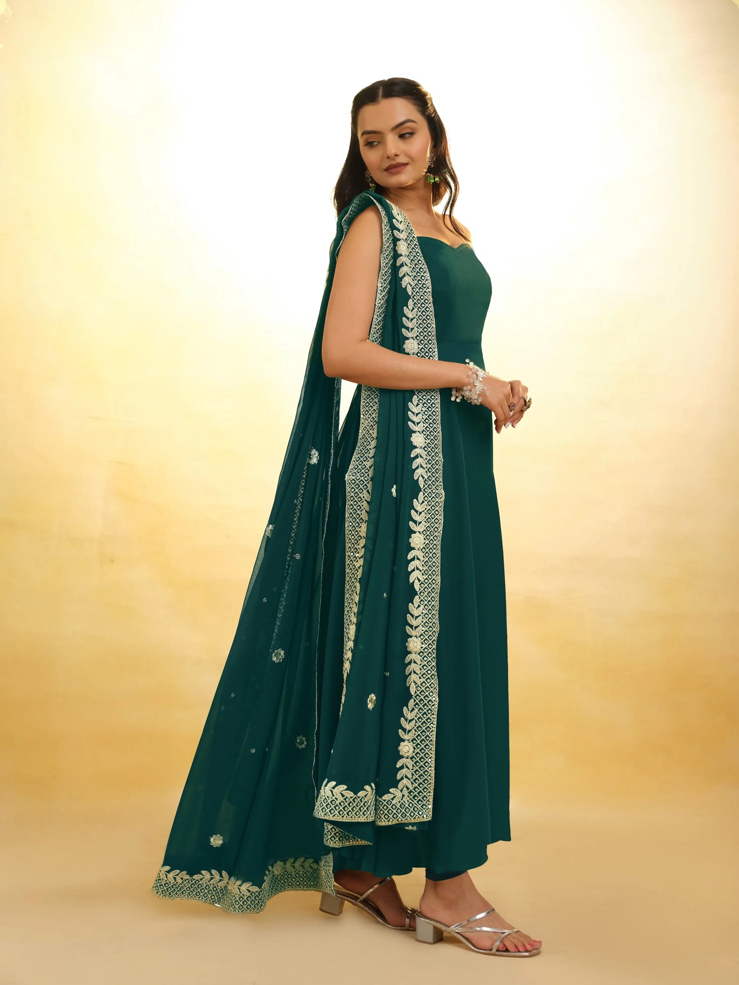Green Georgette Gown With Embroidery Work Dupatta
