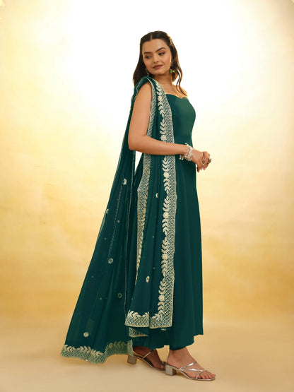 Green Georgette Gown With Embroidery Work Dupatta