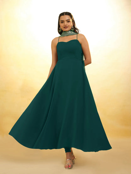 Green Georgette Gown With Embroidery Work Dupatta