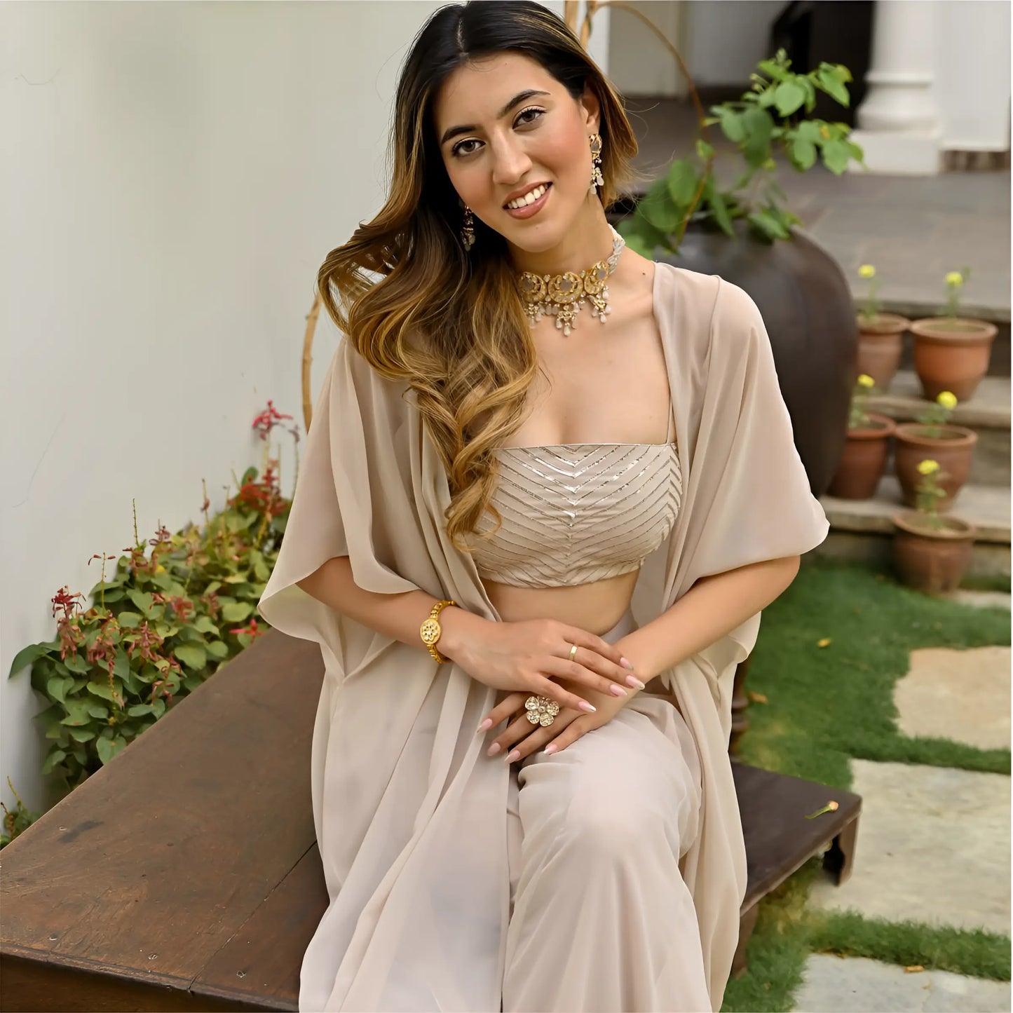 Beige Georgette Stylish Indo Western Co-Ord Set With Long Shrug