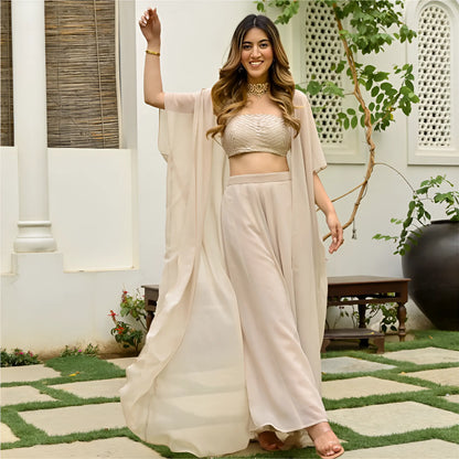 Beige Georgette Stylish Indo Western Co-Ord Set With Long Shrug