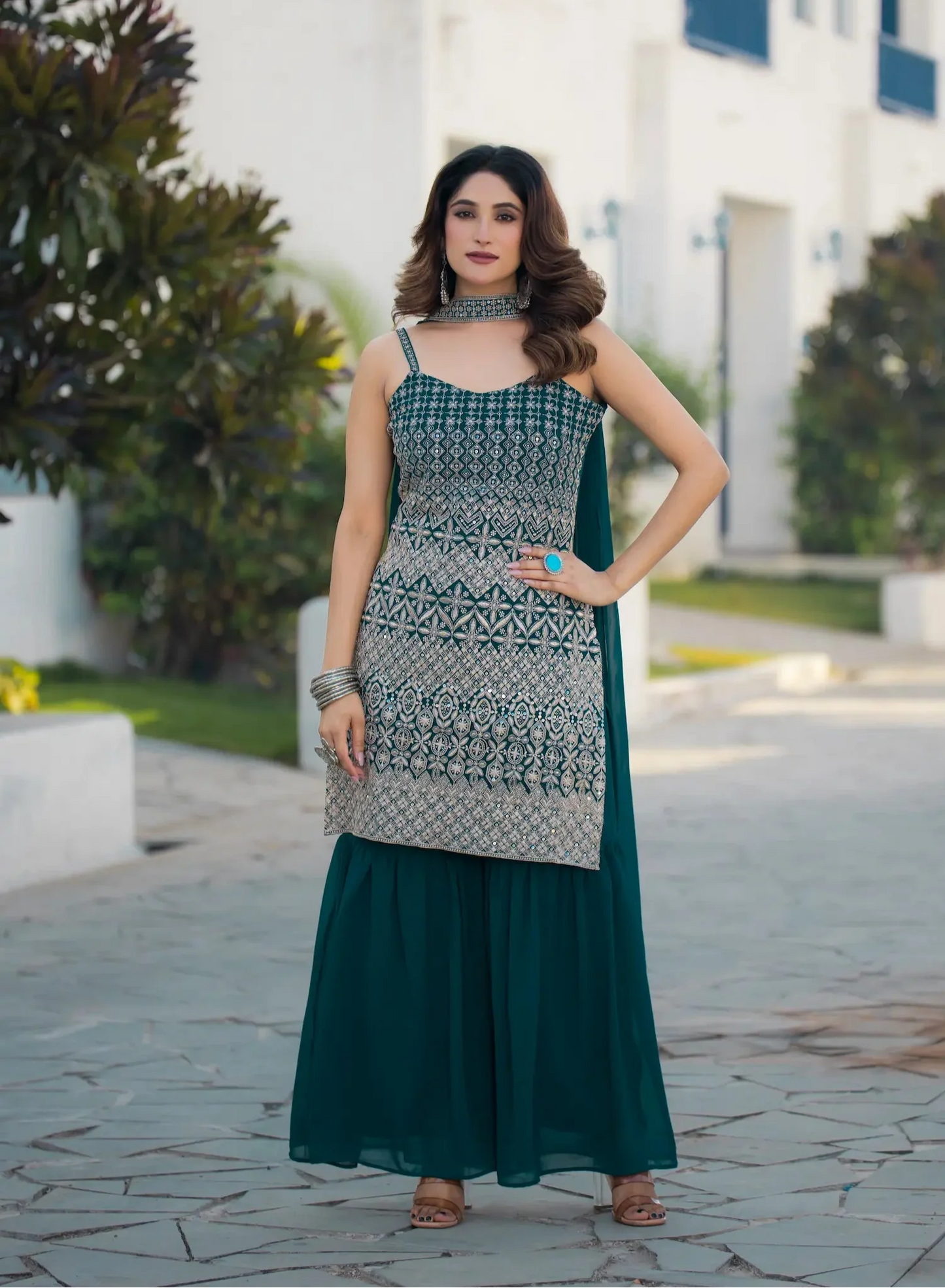 Teal Blue Georgette Sequence Embroidery Work Salwar Suit