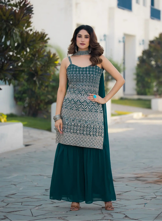 Teal Blue Georgette Sequence Embroidery Work Salwar Suit