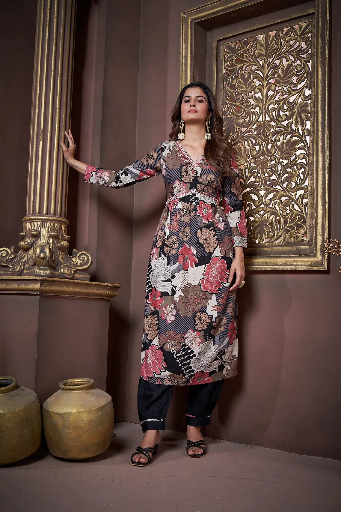 Black  Floral Print Handwork Kurta Set with Pant & Dupatta