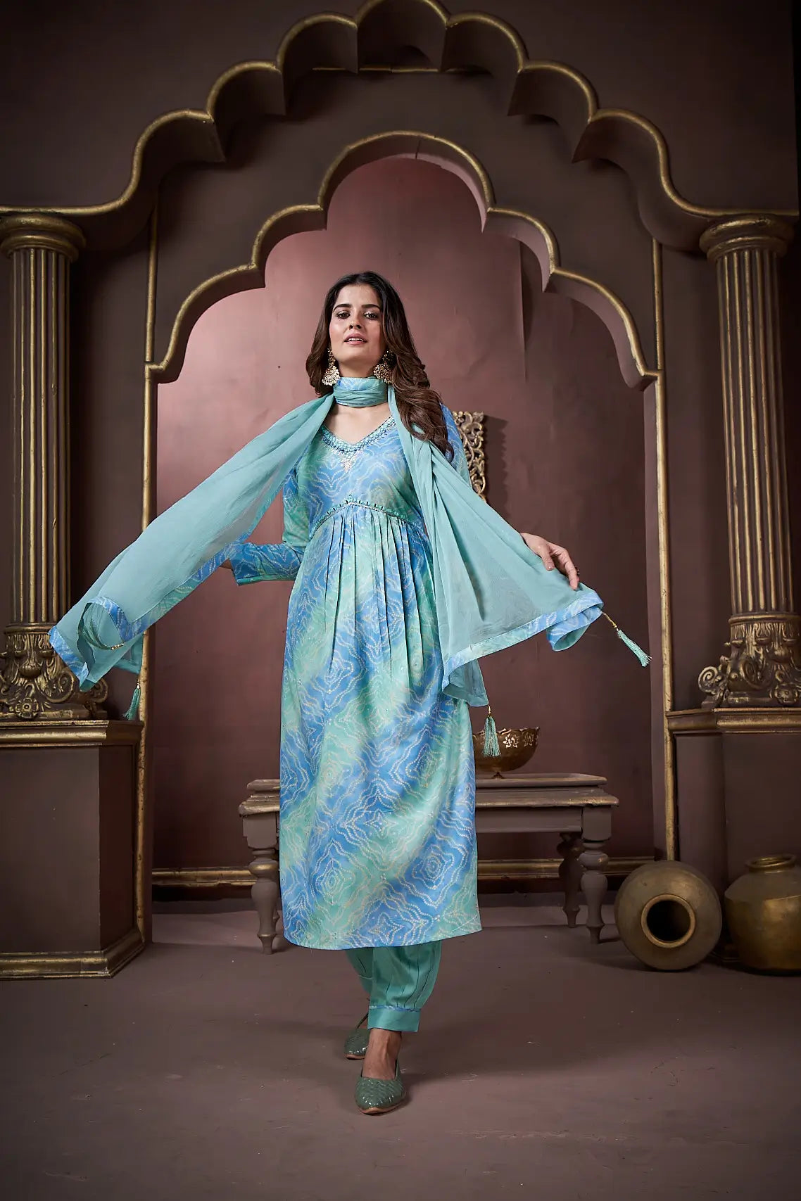 Ocean Blue Handwork Kurta Set with Pant & Dupatta