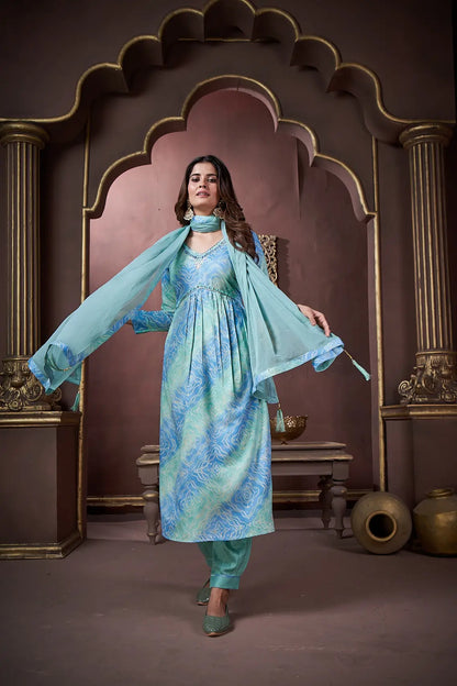 Ocean Blue Handwork Kurta Set with Pant & Dupatta