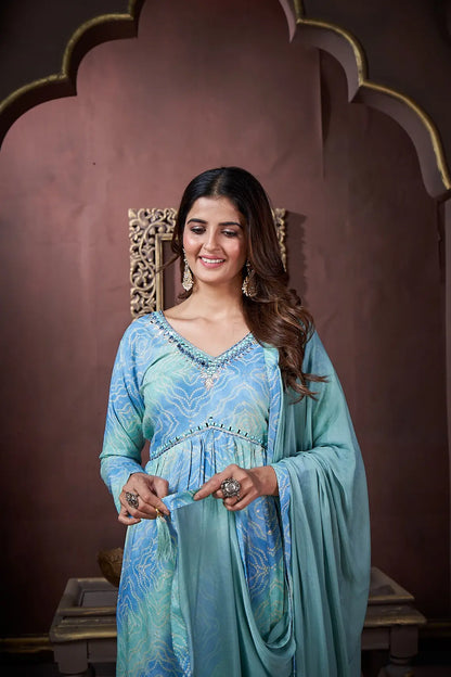 Ocean Blue Handwork Kurta Set with Pant & Dupatta