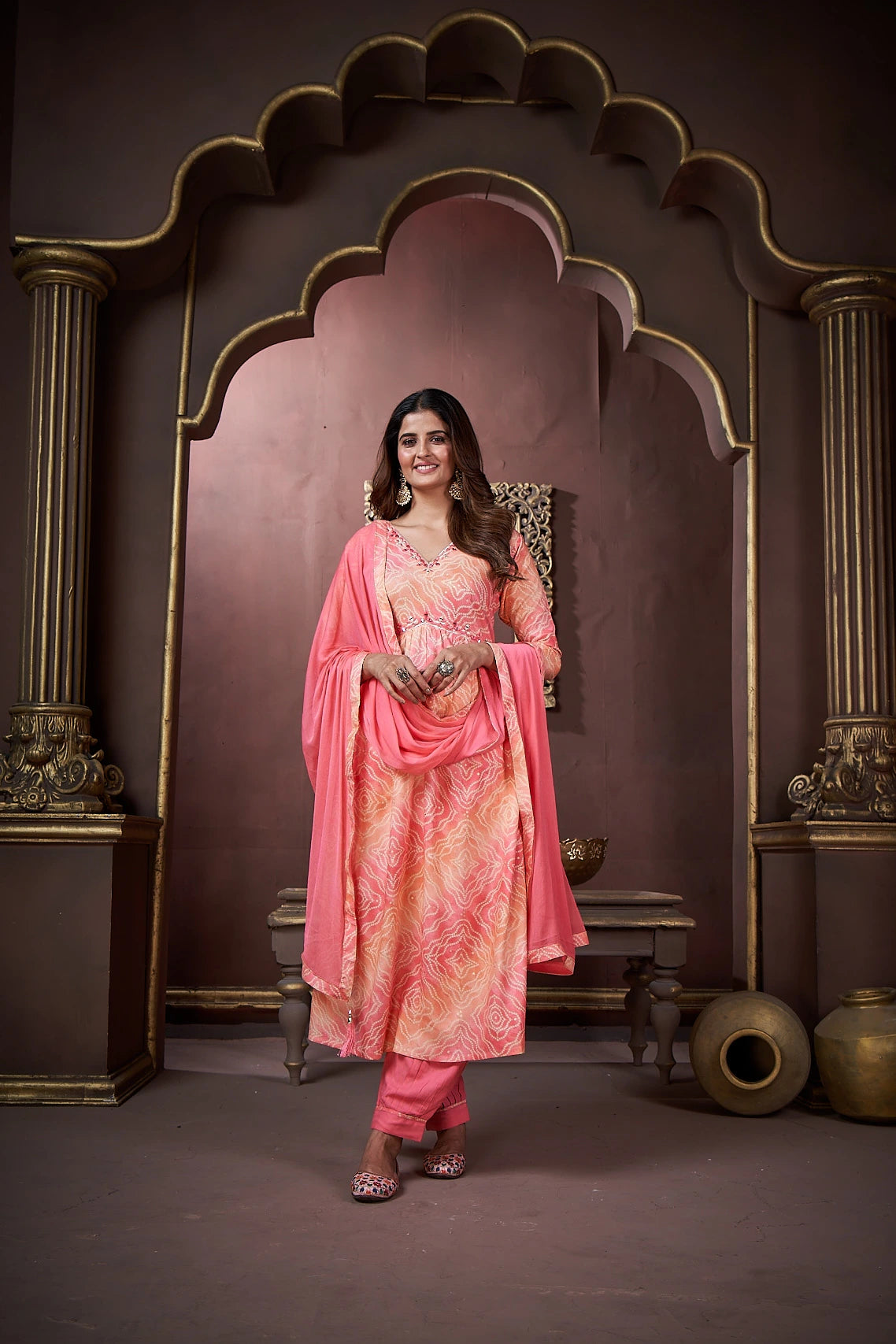 Peach Handwork Kurta Set with Pant & Dupatta