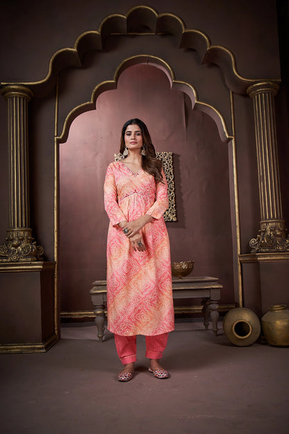Peach Handwork Kurta Set with Pant & Dupatta