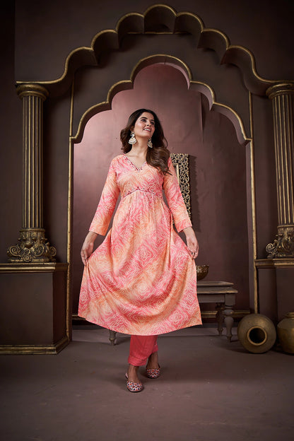 Peach Handwork Kurta Set with Pant & Dupatta