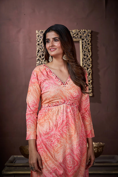 Peach Handwork Kurta Set with Pant & Dupatta