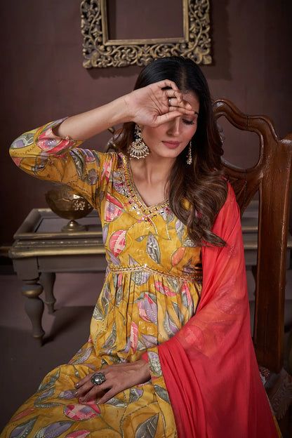 Mustard Yellow Handwork Kurta Set with Pant & Dupatta