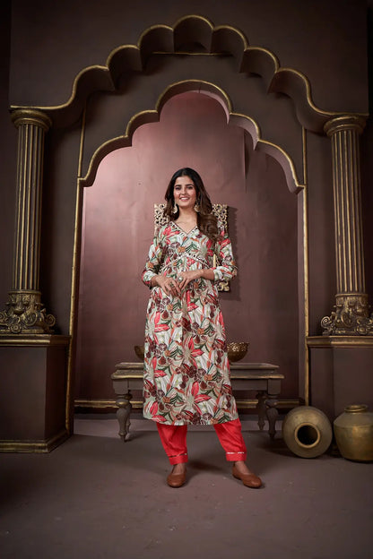 Cherry Red Handwork Kurta Set with Pant & Dupatta