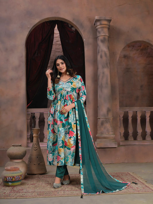 Cyan Floral Print Handwork Kurta Set with Pant & Dupatta