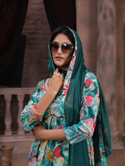 Cyan Floral Print Handwork Kurta Set with Pant & Dupatta