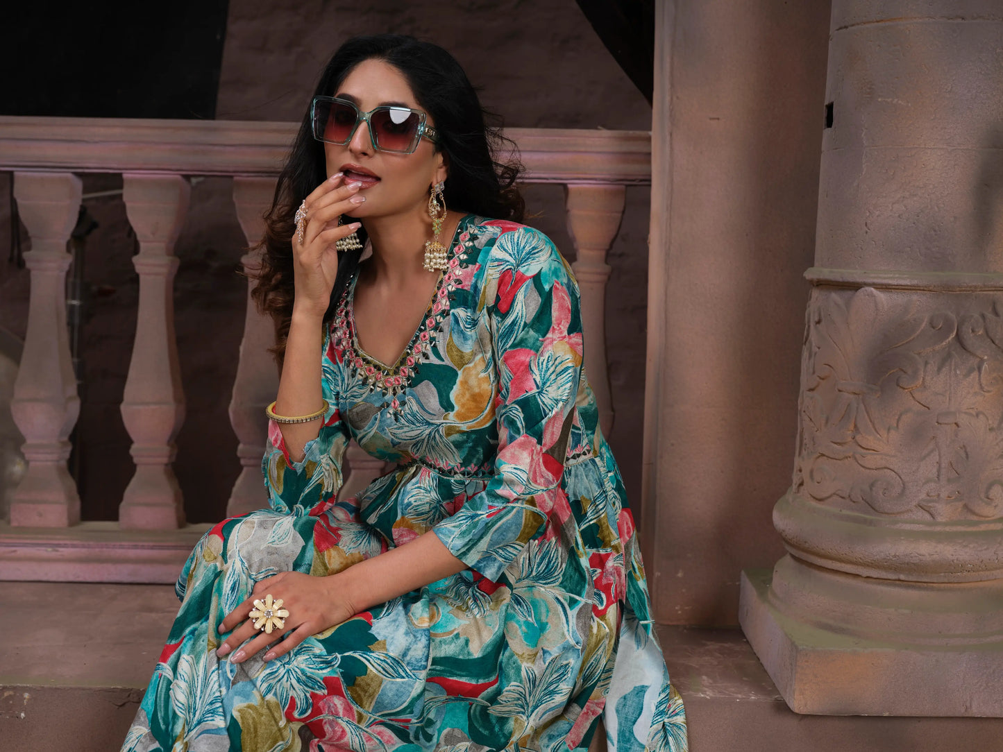 Cyan Floral Print Handwork Kurta Set with Pant & Dupatta
