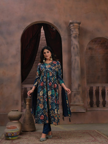 Tealish Blue Handwork Kurta Set with Pant & Dupatta