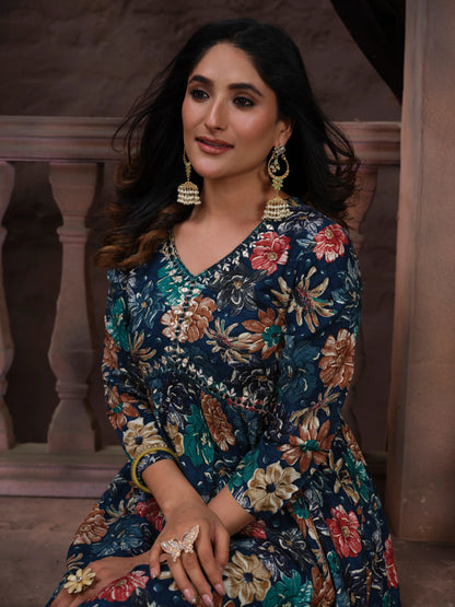 Tealish Blue Handwork Kurta Set with Pant & Dupatta