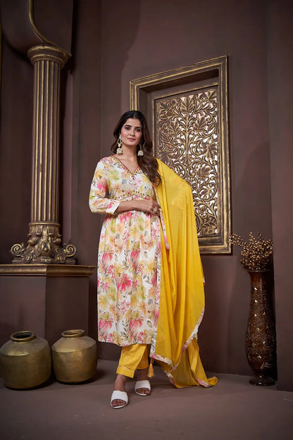 Lemon Yellow Handwork Kurta Set with Pant & Dupatta