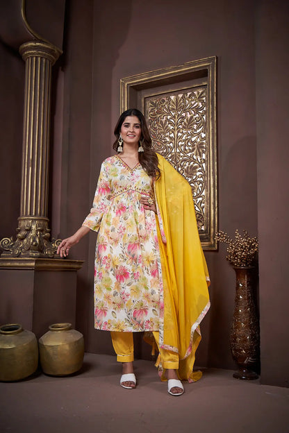 Lemon Yellow Handwork Kurta Set with Pant & Dupatta