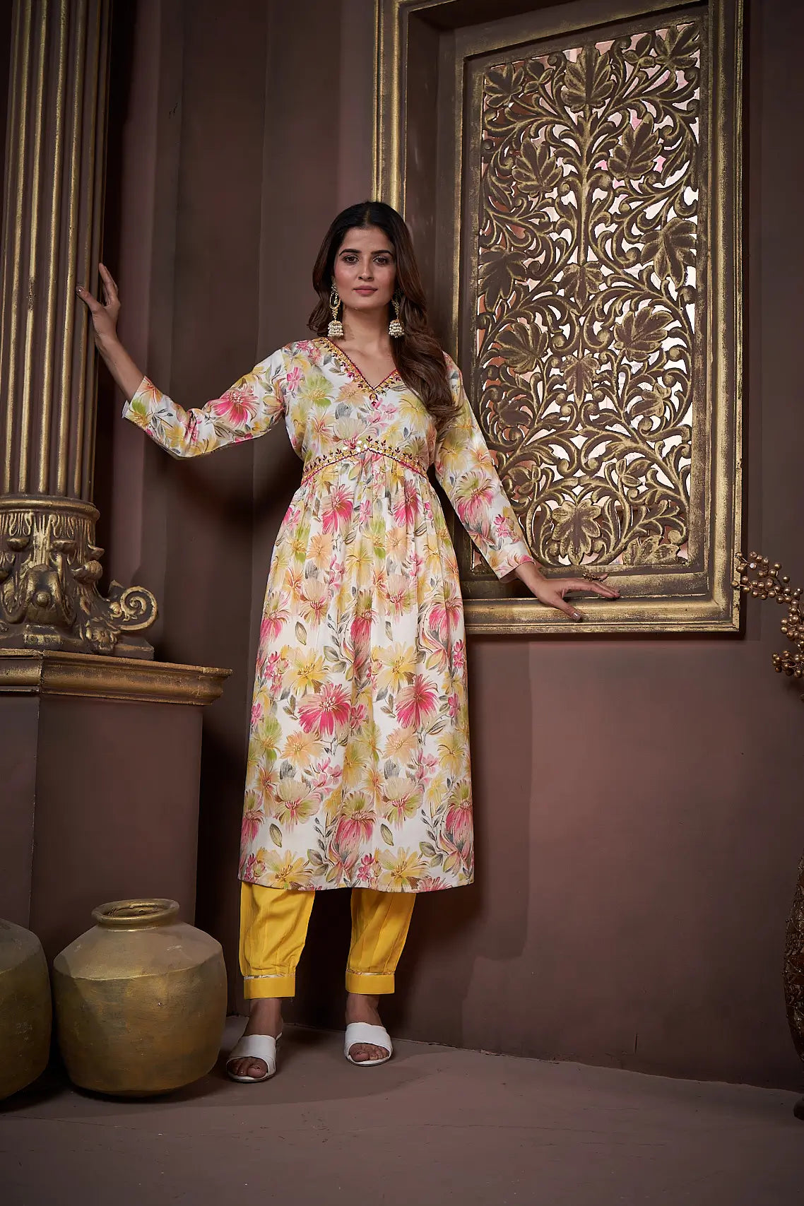Lemon Yellow Handwork Kurta Set with Pant & Dupatta