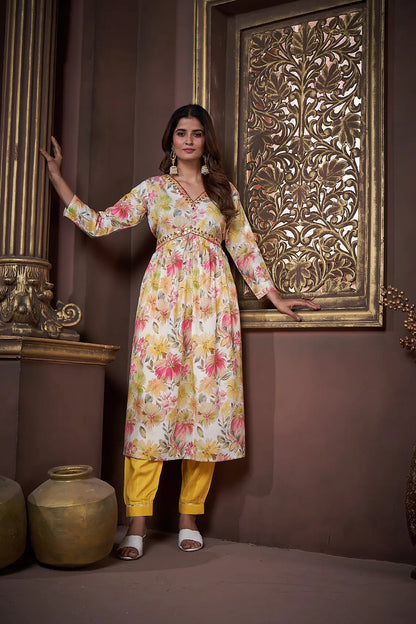 Lemon Yellow Handwork Kurta Set with Pant & Dupatta