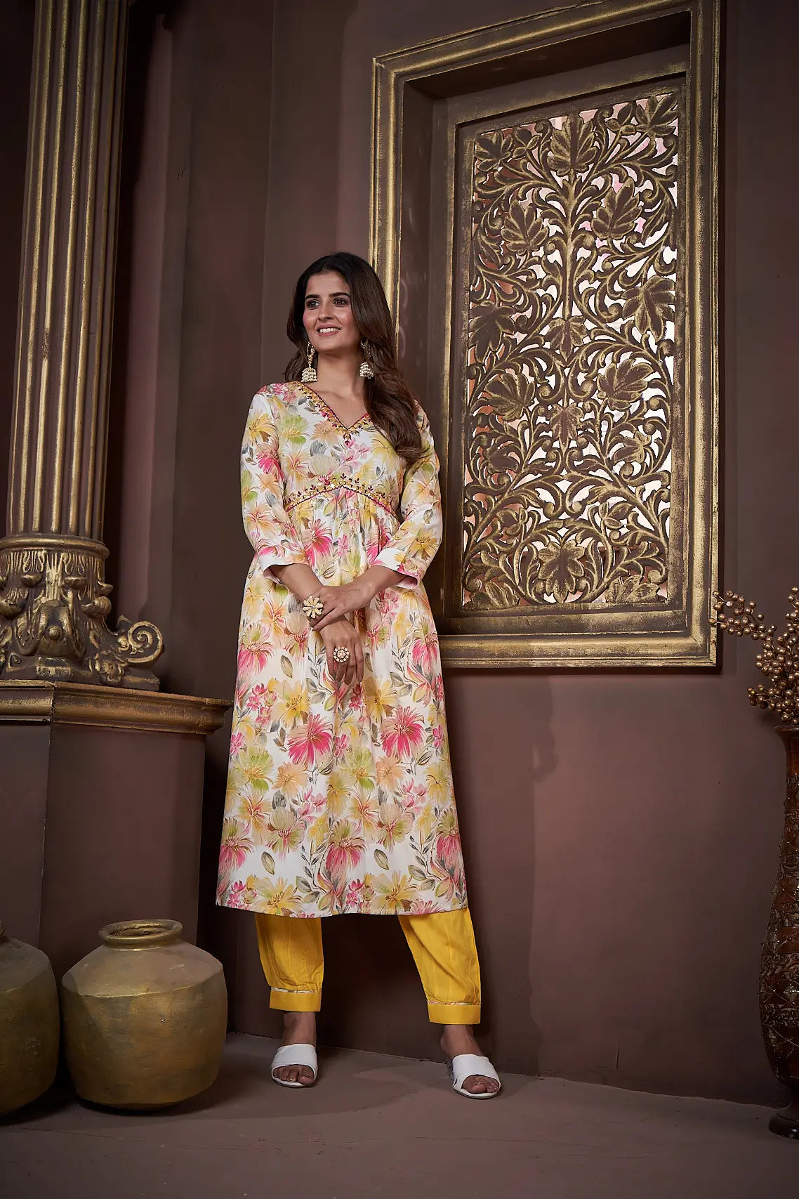 Lemon Yellow Handwork Kurta Set with Pant & Dupatta