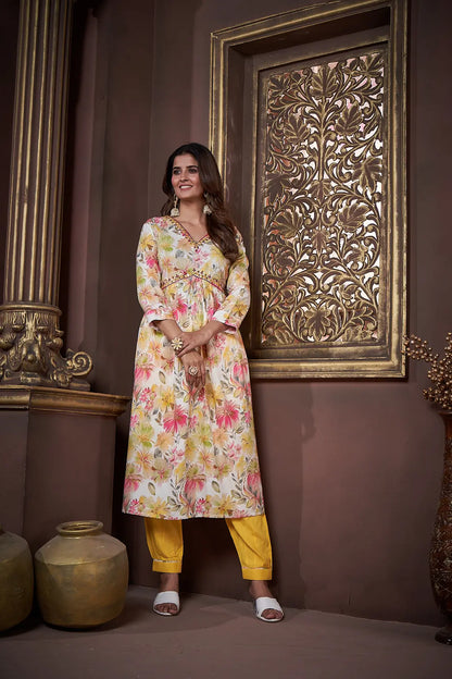Lemon Yellow Handwork Kurta Set with Pant & Dupatta