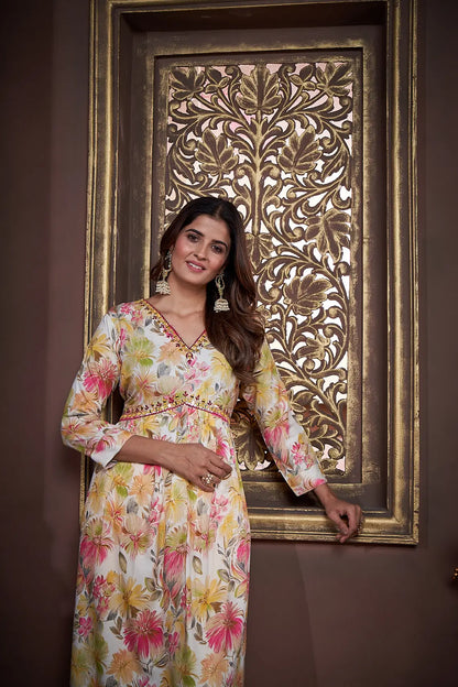 Lemon Yellow Handwork Kurta Set with Pant & Dupatta