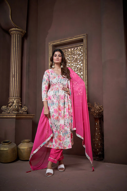 Pink Handwork Kurta Set with Pant & Dupatta